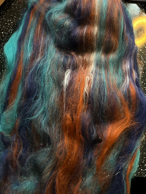 100g Hugo Corriedale fibre batt with bamboo and Angelina glitter