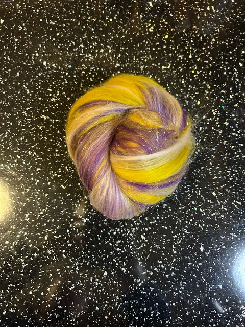 100g Purple Rain Corriedale Fibre Batt with bamboo and Angelina glitter