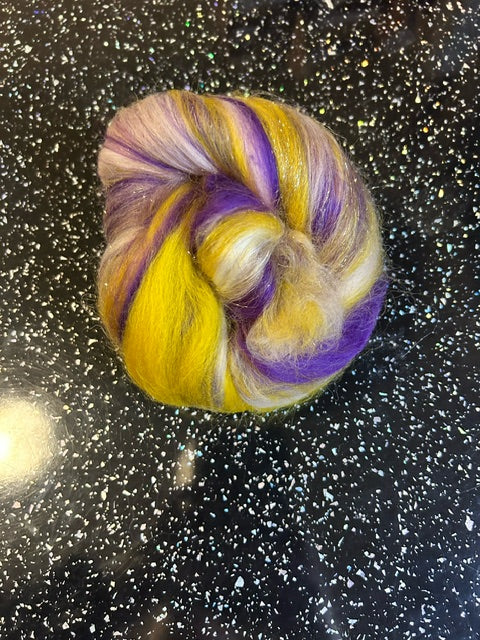 100g Purple Rain Corriedale Fibre Batt with bamboo and Angelina glitter
