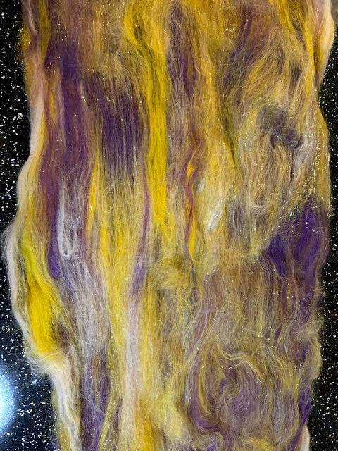 100g Purple Rain Corriedale Fibre Batt with bamboo and Angelina glitter