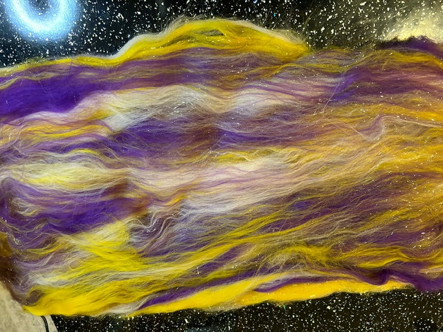 100g Purple Rain Corriedale Fibre Batt with bamboo and Angelina glitter