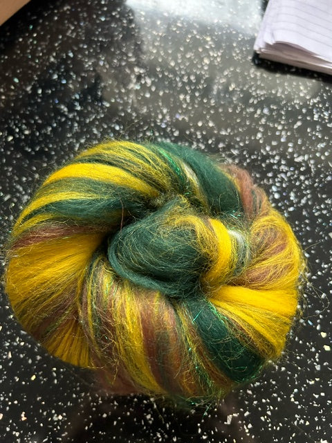 100g Sunflower Corriedale fibre batt with Bamboo and Angelina glitter