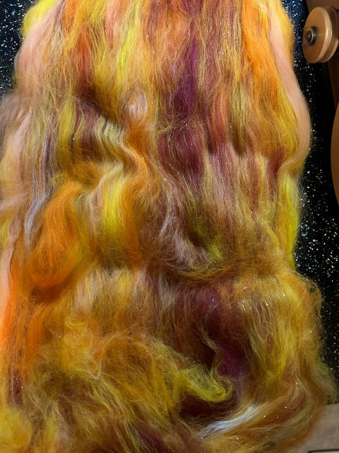 100g Sunset Corriedale fibre batt with bamboo and Angelina glitter